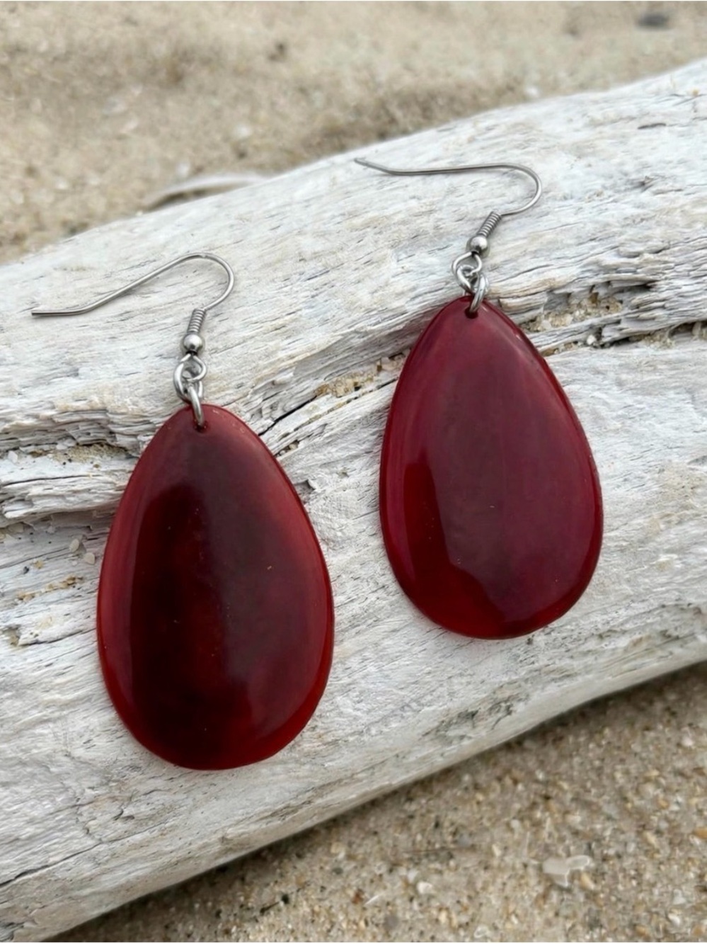 Handcrafted Deep Red Teardrop Horn Earrings